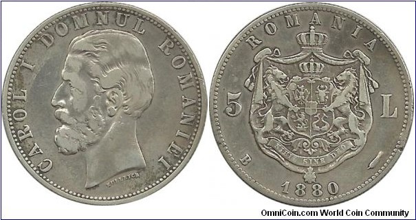 Romania 5 Lei 1880B Prince Carol I