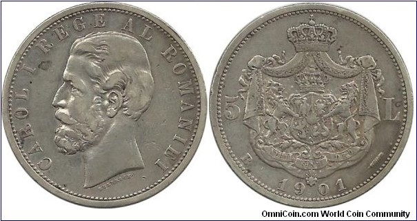Romania 5 Lei 1901B King Carol I - the 5 lei coins from 1901 were struck in Hamburg.