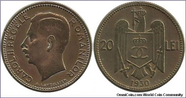 Romania 20 Lei 1930KN - The coins struck in Birmingham at King's Norton Metal Company are marked with K N