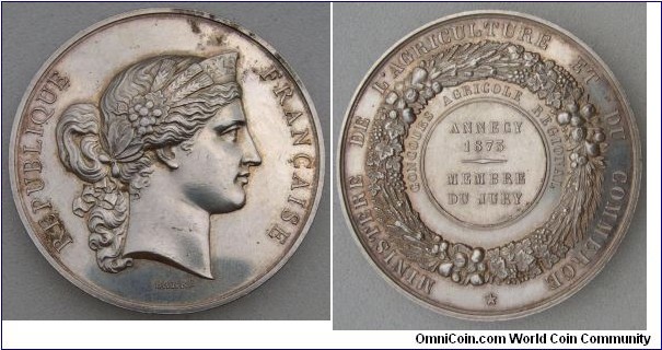 1873 France Ministry of Agriculture & Commerce awarded to a member of the Jury of Agriculture Annecy Medal engraved by Barre.  Silver: 50MM./65.3 gm.
