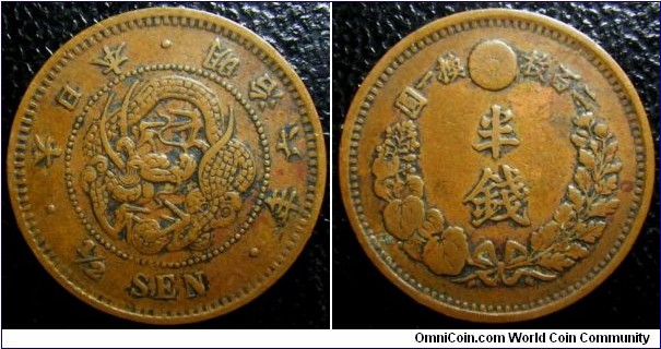 Japan 1873 half sen. A tougher date to find. Still nice condition. Weight: 3.49g. 