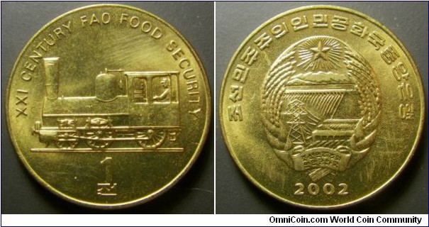 North Korea 2002 1 won featuring a train. Weight: 4.58g. 