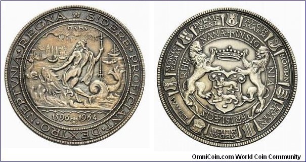 1964 Netherlands and West Friesland province Medal. Silver: 59.9MM,/69.7 gm.
Obv:  Neptune kneels to the left of Whale in the background cityscape. Rev: 2 Lions keep crown emblem.
