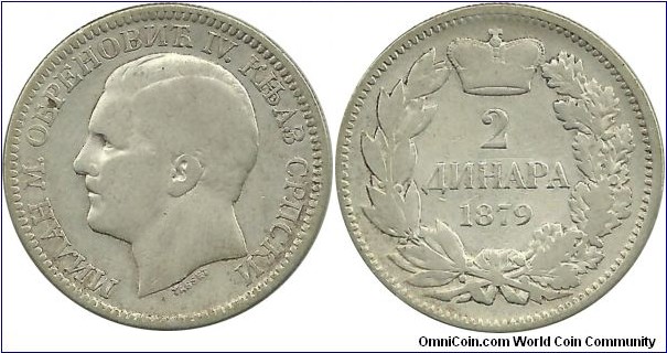 Serbia-Principality 2 Dinara 1879 - Ruler: Prince Milan Obrenović IV (1868–1882)
