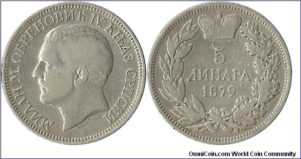 Serbia-Principality 5 Dinara 1879 - Ruler: Prince Milan Obrenović IV (1868–1882)