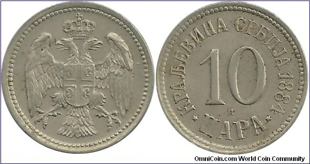 Serbia-Kingdom 10 Para 1884H - King Milan I (1882-1889)