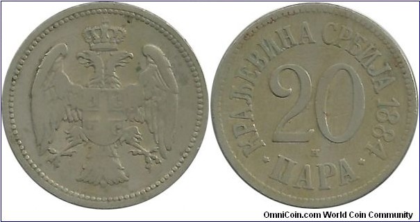 Serbia-Kingdom 20 Para 1884H - King Milan I (1882-1889)