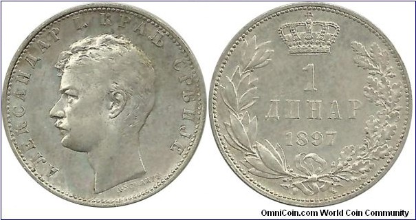 Serbia-Kingdom 1 Dinar 1897 - Ruler: King Alexander I (1889–1903)