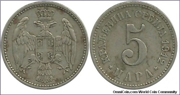 Serbia-Kingdom 5 Para 1912 - King Petar I (1903-1918)