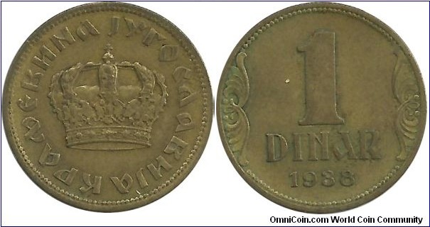 Yugoslavia-Kingdom 1 Dinar 1938 - King Petar II (1934-1943)