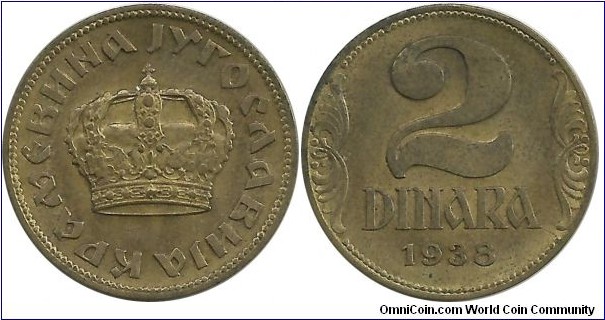 Yugoslavia 2 Dinara 1938-large crown