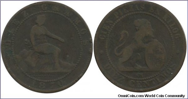 Spain 10 Centimos 1870