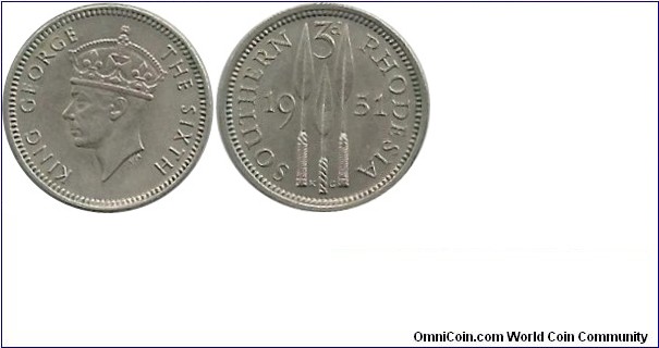 Southern Rhodesia  3 Pence 1951