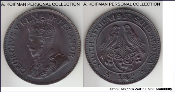 KM-12.3, 1932 South Africa (Dominion) farthing (1/4 penny); bronze, plain edge; as minted uncirculated, mint darkened.