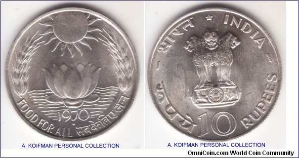 KM-196, 1970 10 rupees, Bombay mint (diamond mint mark); silver, reeded edge; FAO series, mintage 300,000, uncirculated or almost, date without waves variety.