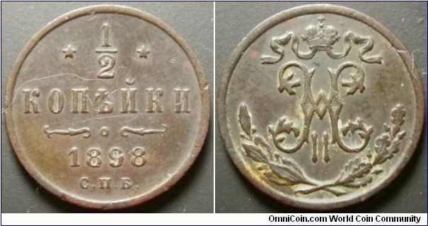 Russia 1898 1/2 kopek. Weight: 1.64g. 