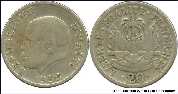 Haiti 20 Centimes 1956 (Nickel-Silver) - President Paul Eugene Magliore