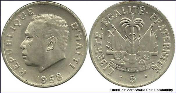 Haiti 5 Centimes 1958 - President Francois Duvalier 