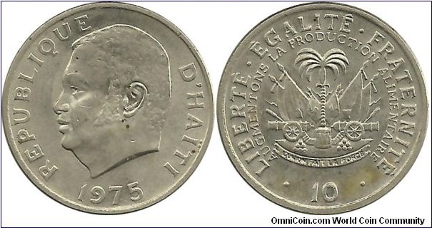 Haiti 10 Centimes 1975 - President Jean-Claude Duvalier