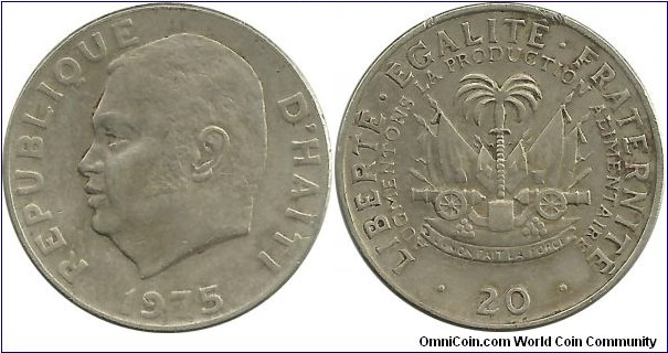 Haiti 20 Centimes 1975 - President Jean-Claude Duvalier
