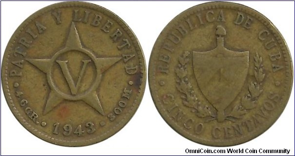 Cuba 5 Centavos 1943