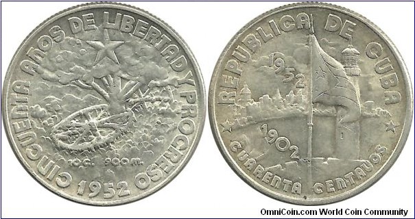 Cuba 40 Centavos 1952 - Commemorating the 50th Anniversary of the Republic of Cuba