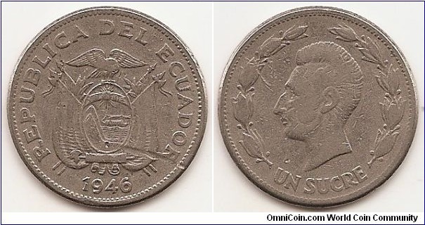 1 Sucre
KM#78.2
6.7500 g., Nickel, 26 mm. Obv: Flag-draped arms, date below Rev: Head of Sucre left Edge: Reeded