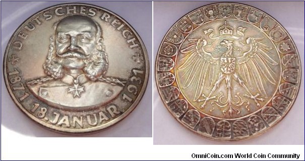 1931 Germany Empire Weimar Republic Wilhelm I 60th Anniversary of the founding the Reich Medal. Silver: 36 MM
Obv: Half length portrait of Kaiser Wilhelm I on the front. Rev: Crowned Imperial eagle, head right, coat of arms wreath in the crest.
