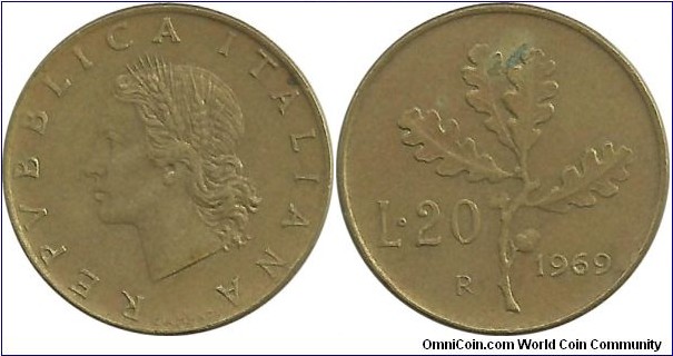 Italy 20 Lire 1969 - plain edge