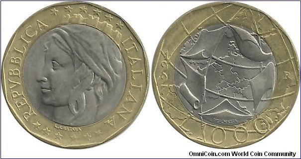 Italy 1000 Lire 1997 - Reverse: F.R.Germany is shown on the map. 