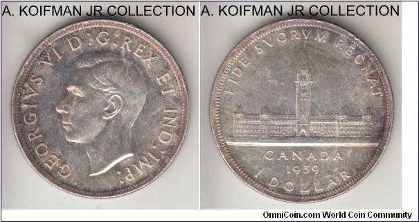 KM-38, 1939 Canada dollar; silver, reeded edge; George VI royal visit commemorative, nice multi-color toned in the field creating light cameo effect, would probably grade MS 61-62.