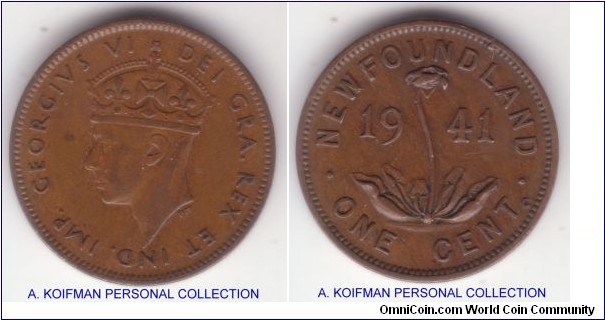 KM-18, 1941 Newfoundland cent; bronze, plain edge; very fine for wear and looks like the re-engraved type.