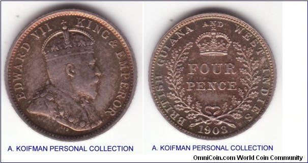 KM-27, 1903 British Guiana and West Indies 4 pence silver, reeded edge; toned almost uncirculated