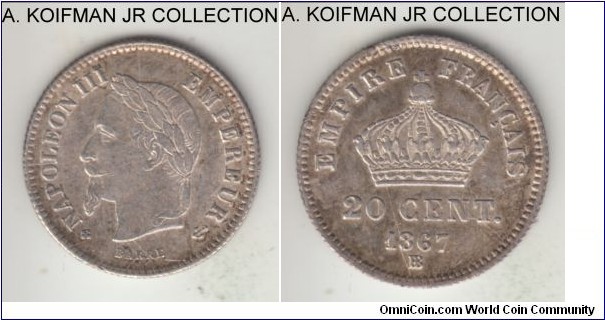 KM-808.2, 1867 France 20 centimes, Strasbourg mint (BB mintmark); silver, reeded edge; Napoleon III, extra fine or about, nice toning.