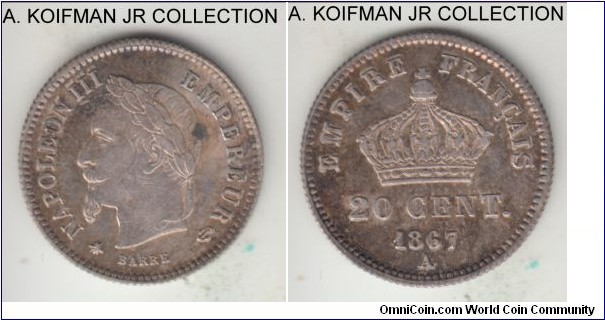 KM-808.1, 1867 France 20 centimes, Paris mint (A mintmark); silver, reeded edge; Napoleon III, more common mint and year of the type, very fine or better, nice toning, except for the toning spot behind Napoleon's head.