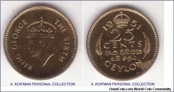 KM-122, 1951 Ceylon 25 cents; nickel-brass, security edge; proof, mintage 150.