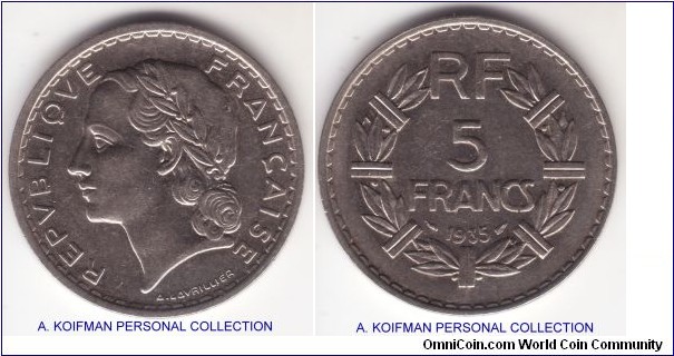 KM-888, 1935 France 5 francs; nickel, plain edge; extra fine or so