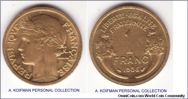 KM-885, 1936 France franc; aluminum-bronze, plain edge; uncirculated quite bright and nice.