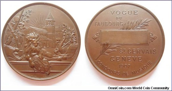 1907 Swiss St. Gervais Geneve Vouge de Faubourg music awarded Medal by L.Schlutter/E.Lossier. Bronze: 50MM 
