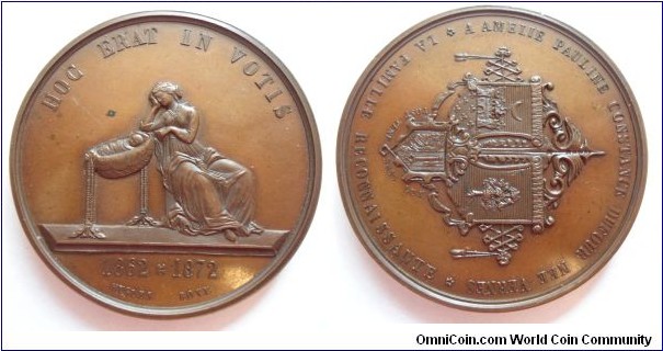 1872 Swiss Geneva, Commemorate Birth of A Son in Dufour Verne Family Medal by H. Bovy/ Bronze: 50MM. Mintage: 18
Obv: To commemorate the birth of a son in the family Dufon nee Vernes, Seated mother regarded her baby in the cradle. Rev:  Hoc Erat In Votis 1862-1872, Dreickeckformig arranged coats of arms of families Dufour & Verne & City of Geneva.
