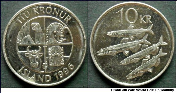 Iceland 10 kronur.
1996, Nickel plated steel