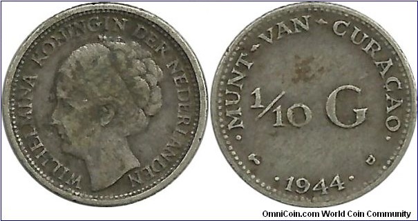 Munt van Curacao 1/10 Gulden 1944D