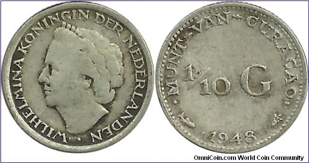 Munt van Curacao 1/10 Gulden 1948