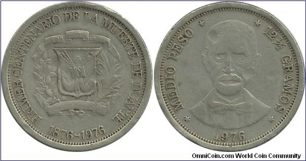 DominicanRepublic ½ Peso 1976 - Death of Juan Pablo Duarte, 100th Year