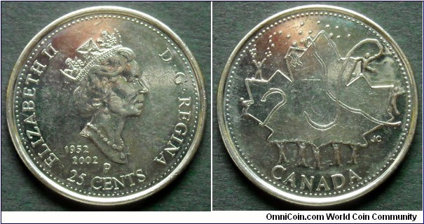 Canada 25 cents.
2002 (P) Canada Day.
50th Anniversary of the Coronation of Queen Elizabeth II
(1952-2002)