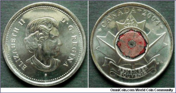 Canada 25 cents.
2004 (P) Remembrance Day