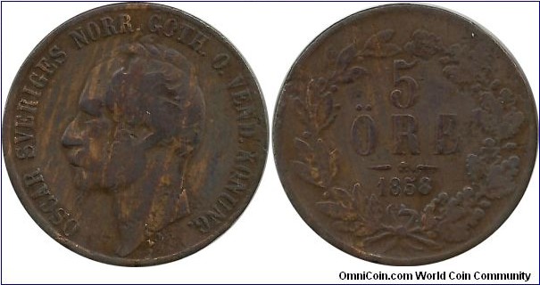 Sweden 5 Öre 1858 (King Oscar I 1844-1859)