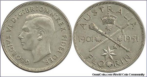 AustraliaComm 1 Florin 1951 - 50th Anniversary of Federation