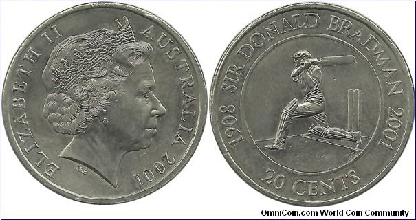 AustraliaComm 20 Cents 2001 - Celebrating the Life and Achievements of Sir Donald Bradman