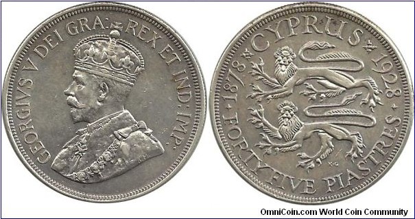 Cyprus-British 45 Piastres 1928-75th Year British Rule